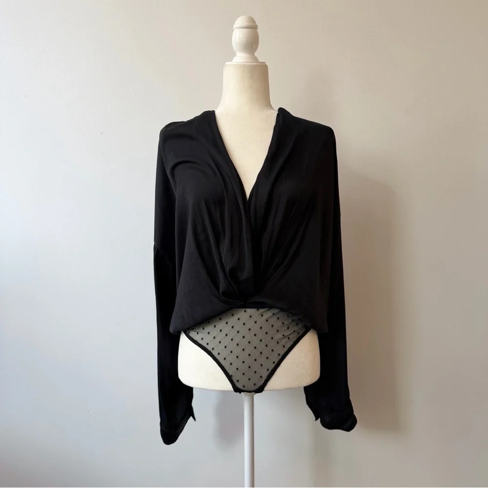 Free People Ladylike Lady Plunge Surplice Bodysuit – Black – Size M